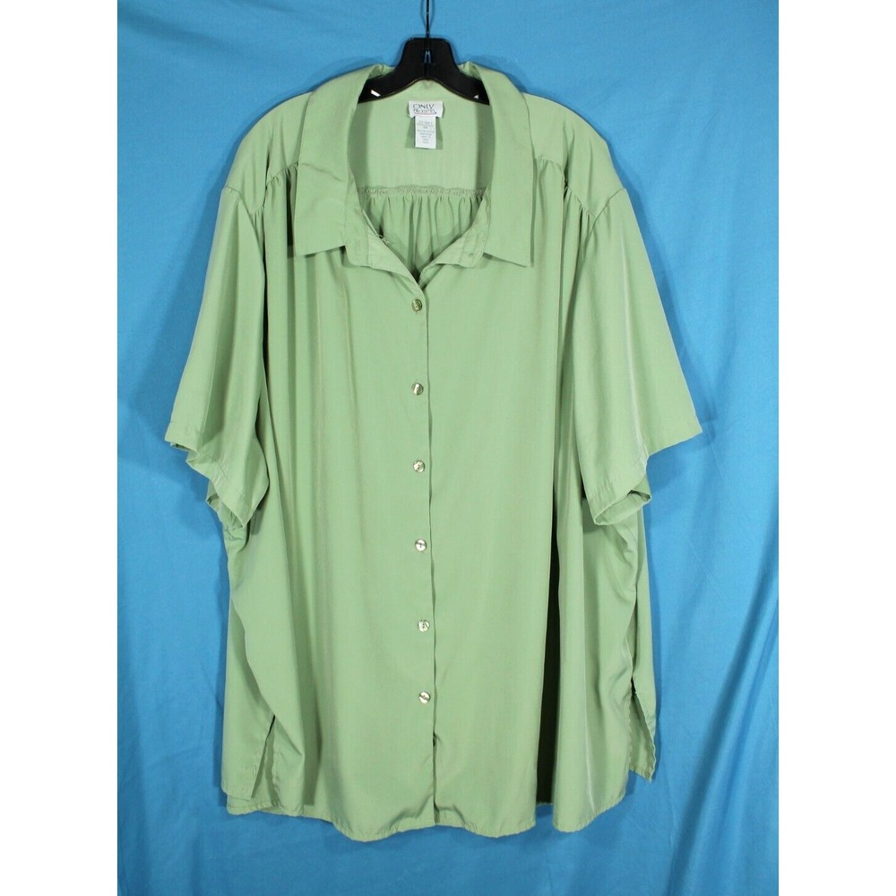 ONLY NECESSITIES WOMAN Silky SATIN Green PLEATED TRIM Button-Up SHIRT/TOP Sz 5X